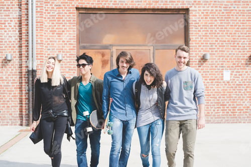 Preview: Group of young multiethnic friends walking down the street