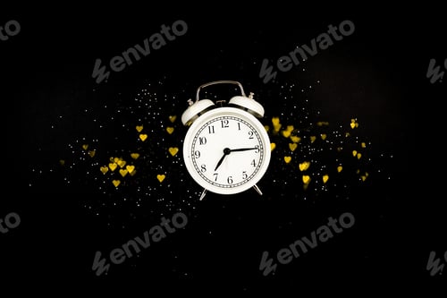 Preview: flat lay with white alarm clock