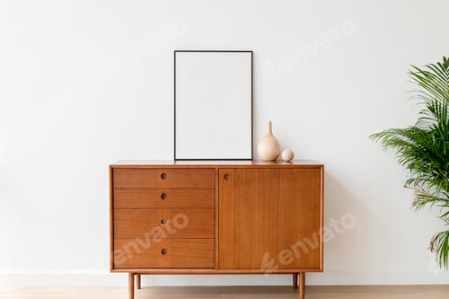 Preview: Blank picture frame on a wooden cabinet