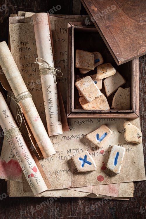 Preview: Old divination by rune cards and stones with old manuscript
