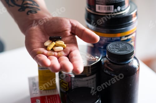 Preview: Close up of bodybuilding pills in hand of a man