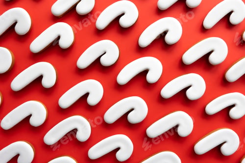 Preview: A lot of gingerbread candy cane shaped cookies on a red background.