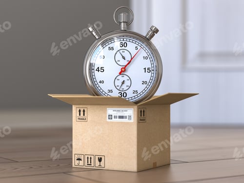Preview: Express delivery concept. Stopwatch and cardboard box on the floor in front of open door.