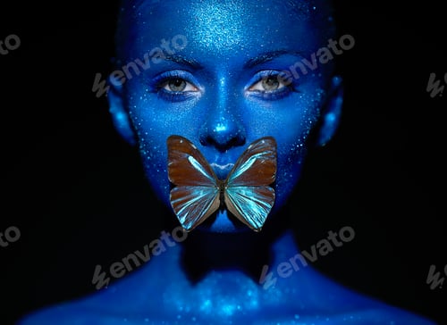 Preview: Fashion model woman with blue butterfly