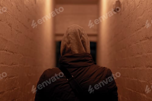 Preview: A person walking down a dark alley at night in the city, view from behind wearing a hoodie.