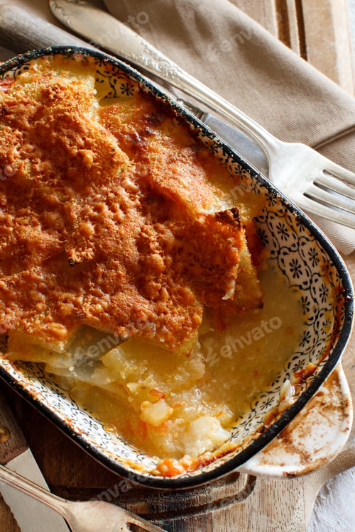 Preview: Codfish with potatoes cooked in the oven close up