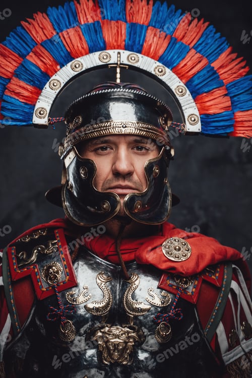 Preview: Studio shot of brave roman soldier with colorful plumed helmet