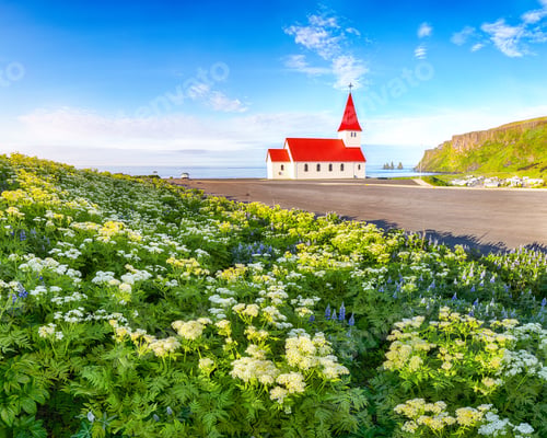 Preview: Breathtaking view of Vikurkirkja christian church in blooming flowers.
