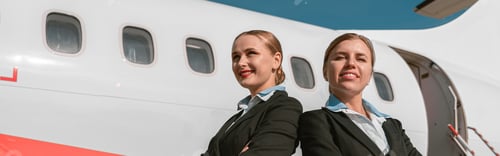 Preview: Cheerful flight attendants standing back to back at airport on plane background