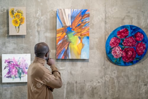 Preview: African young man examining the modern art on the wall while visiting art gallery