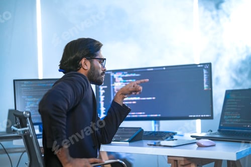 Preview: focused Indian financial analyst or software developer working late in a modern office