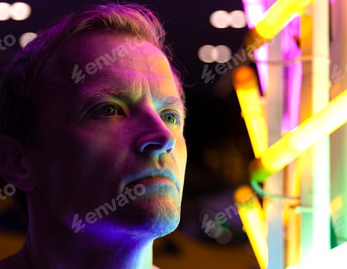 Preview: Close up face shot of a man in front of neon lights