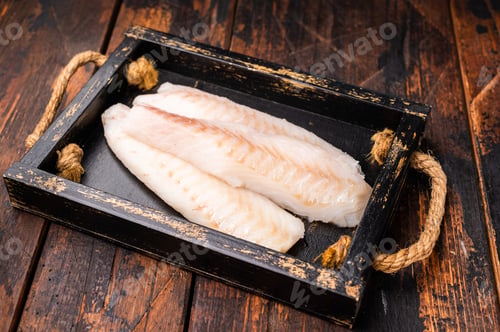 Preview: Fresh fish meat, Raw cod loin pieces without skin in wooden tray. wooden background. top view