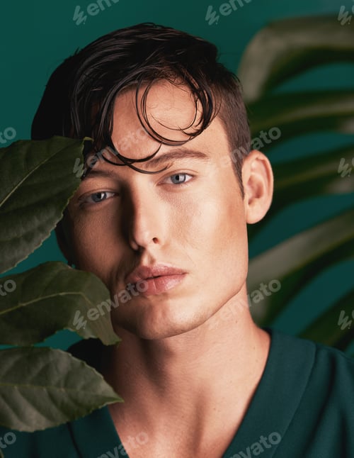 Preview: Gen z, man and portrait of a calm model with relax face and fashion aesthetic. Isolated, green back