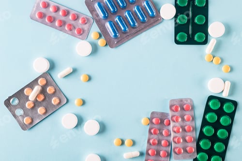 Preview: many different blisters with tablets. Assorted pharmaceutical medicine tablets, prescription drugs.