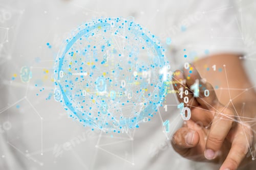 Preview: Person presenting a 3D render of cloud computing elements