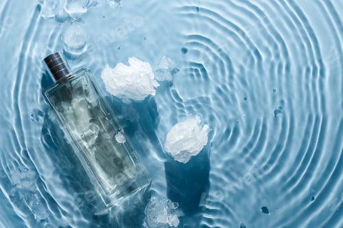 Preview: Perfume bottle on blue water wavy background with ice pieces. Fresh chilly water fragrance concept
