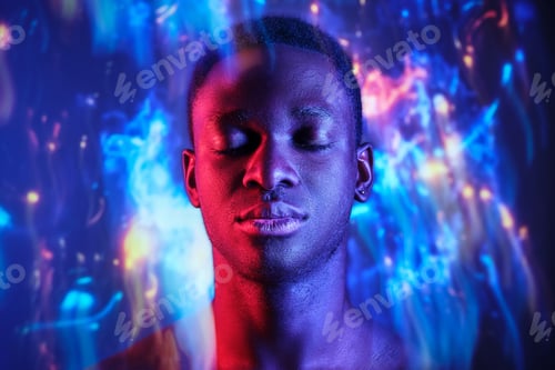 Preview: Emotionless black man with eyes closed standing in blurred light