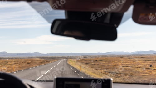 Preview: Perspective view of Iceland ring road from driver's windscreen inside car