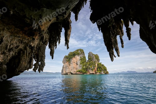 Preview: View from karst cave on tropical island. Beautiful seascape near Krabi, Thailand.