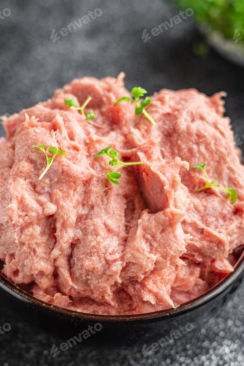 Preview: Minced Meat Turkey Or Chicken Grind Pork Beef Lamb Healthy Diet Meal Top View Copy Space For Text