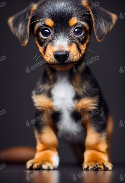 Preview: Tiny cute adorable teckel puppy, with black background, studio lighting. Adopt a puppy, pure breed