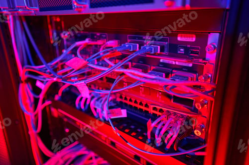 Preview: Details shot of patch cord cables connected to patch panel in database center