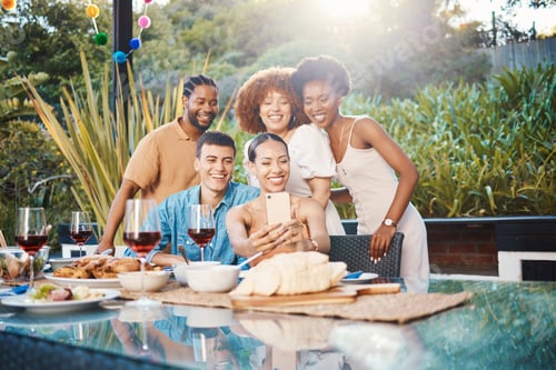 Preview: Selfie, friends at dinner together in garden and happy event with diversity, food and wine for outd