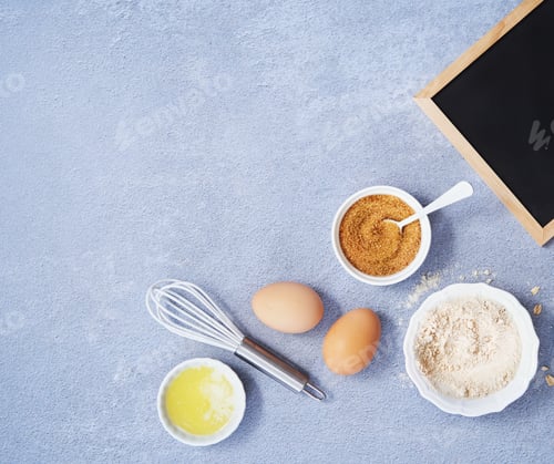 Preview: Ingredients for homemade oat pancake with whole grain oat, coconut sugar.