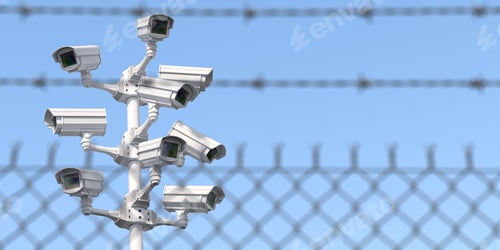Preview: CCTV secutity cameras system and barbed wire fence. Privacy, security and protection concept.
