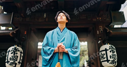Preview: Kimono, culture and low angle with Japanese man at temple for Shinto ceremony, fashion and prayer.