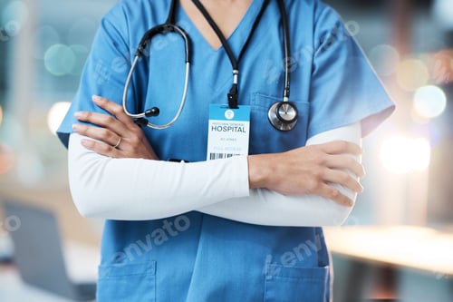 Preview: Doctor, arms crossed and stethoscope for healthcare advice, cardiology or consulting for wellness a