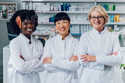 Preview: Portrait of three multicultural female drugstore assistants.