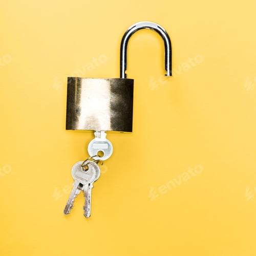 Preview: top view of padlock with keys isolated on yellow