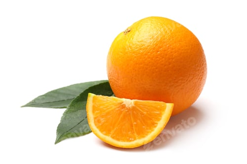Preview: Whole, cut oranges and green leaves isolated on white