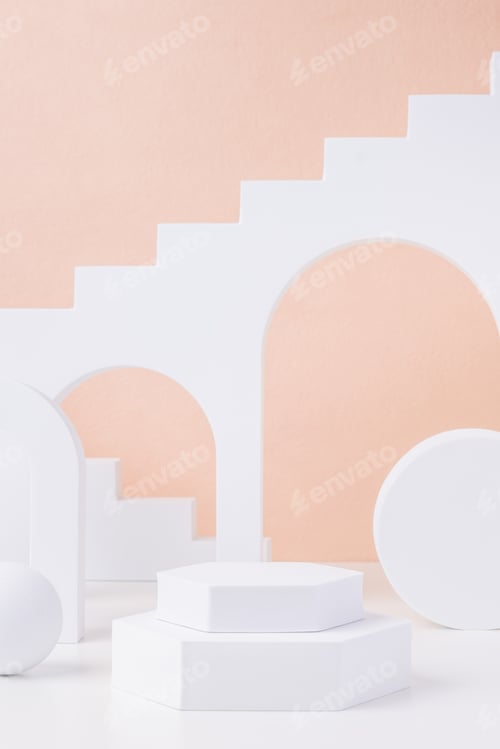 Preview: Geometric pedestal block on white table and pastel peach background.mockup for display product