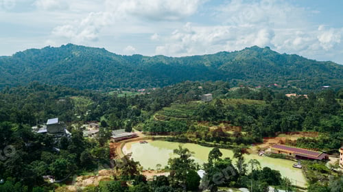 Preview: Aerial view of lakeside and a castle resort scenery in Sungai Lembing, Pahang, Malaysia