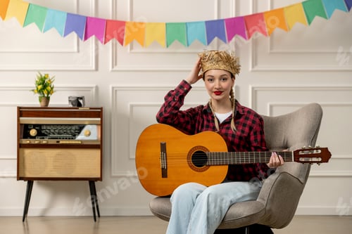 Preview: festa junina cute girl in straw hat brazilian midsummer with retro radio holding hat with guitar