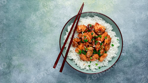 Preview: fried chicken teriyaki with rice, green onion and sesame, homemade, no people,