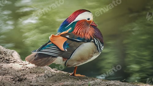 Preview: Mandarin duck perched on a rock near the water.