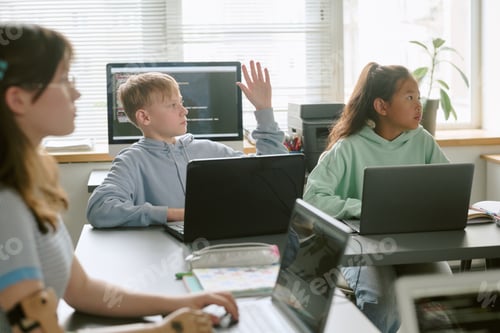 Preview: Teenage Caucasian Boy Raising Hand While Studying with Diverse Classmates