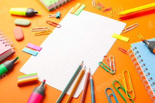 Preview: Composition with school supplies on color background, space for text