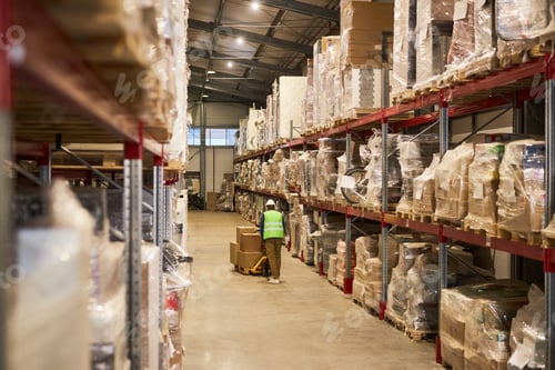 Preview: Wide angle view at warehouse interior with worker pushing cart in row aisle