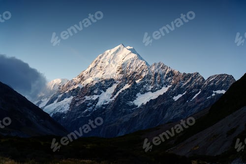 Preview: Mount Cook in blue sky during the dusk at Hooker Valley Track, New Zealand