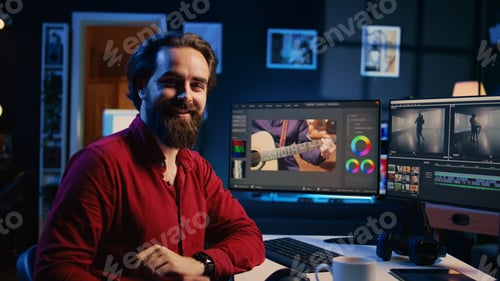 Preview: Expert using post production techniques to edit raw clips footage on isolated screen monitor