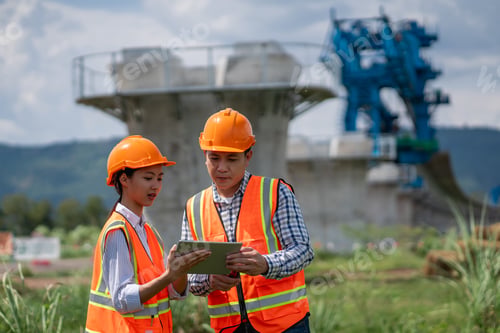 Preview: Civil engineers are taking measurements with surveying tools during the construction.