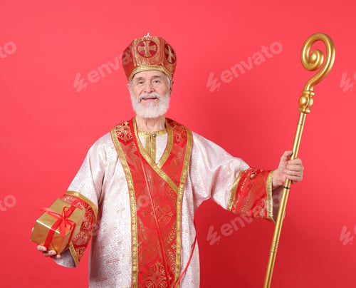 Preview: Saint Nicholas with gift on red background