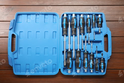Preview: Set of screwdrivers in open toolbox on wooden table, top view