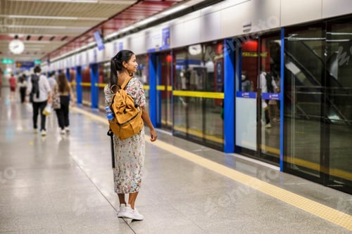 Preview: Asian woman tourist waiting for skytrain at railway station platform in the city Bangkok Thailand