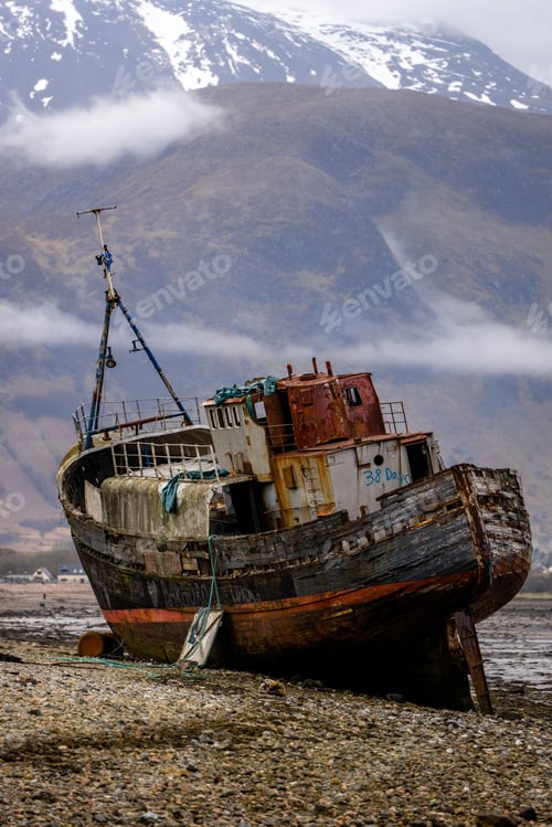 Preview: Vertical of an old boat of Caol, Corpach Shipwreck in the Scottish Highlands, UK